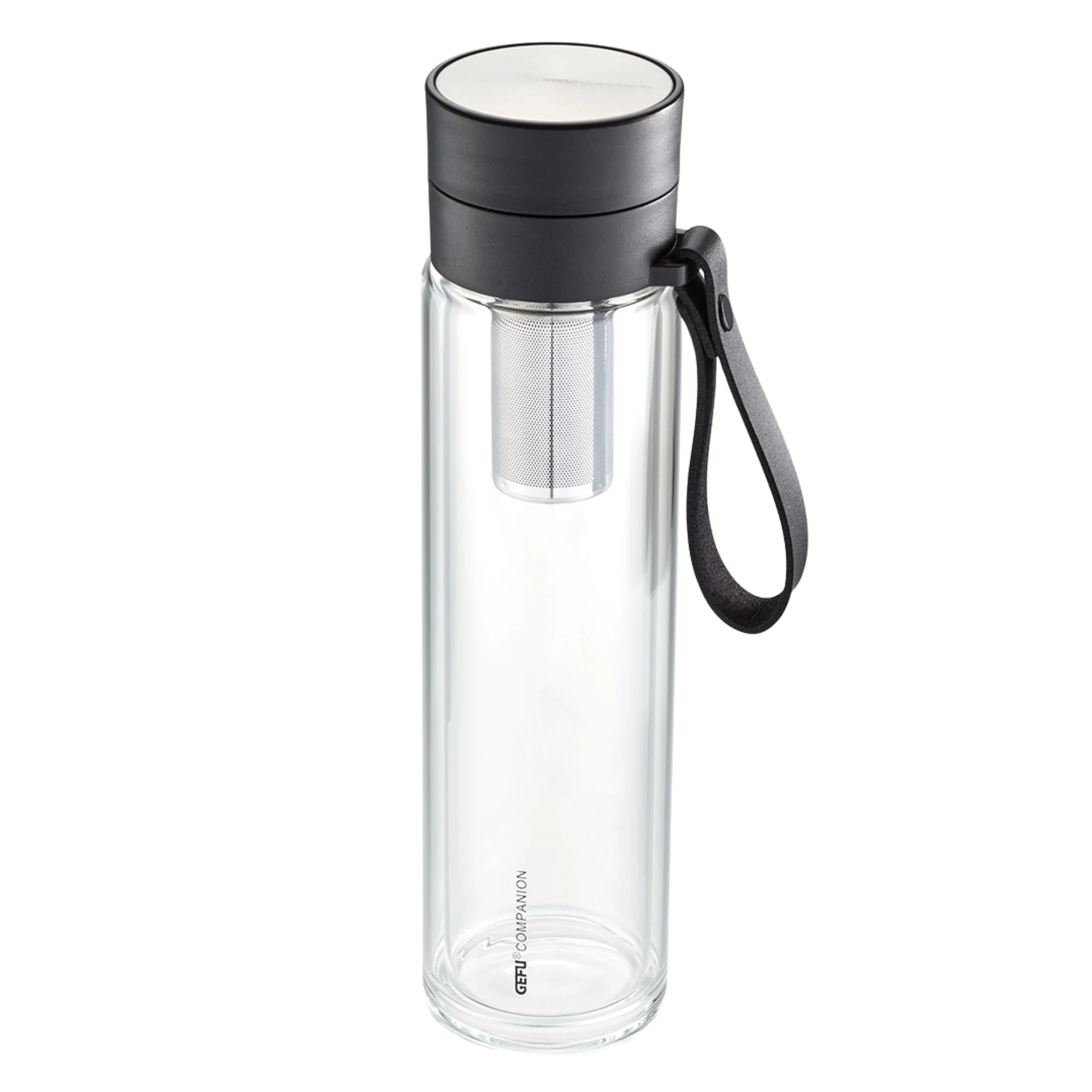 Gefu Glastrinkflasche COMPANION 450ml, doppelwandig, Borosilitglas, mit Teefilter, Schutzhülle aus Filz